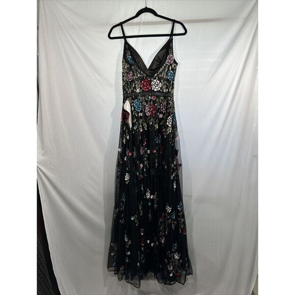 NWT $698 Mac Duggal [ 8 ] V Neck‎ Embellished Floral Sequined Gown Black #G1635 - Picture 13 of 15